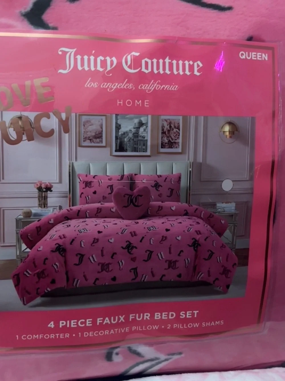 Juicy Couture Hot Pink Faux Fur Comforter Set with Black Accents
